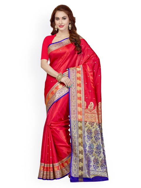 

Ishin Red & Blue Ethnic Motifs Zari Art Silk Heavy Work Banarasi Saree