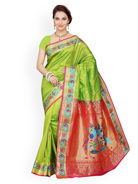 

Ishin Green & Red Woven Design Zari Art Silk Heavy Work Paithani Saree