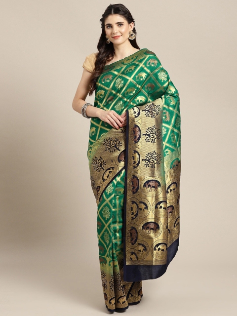 

Ishin Green & Navy Blue Ethnic Motifs Zari Art Silk Banarasi Saree
