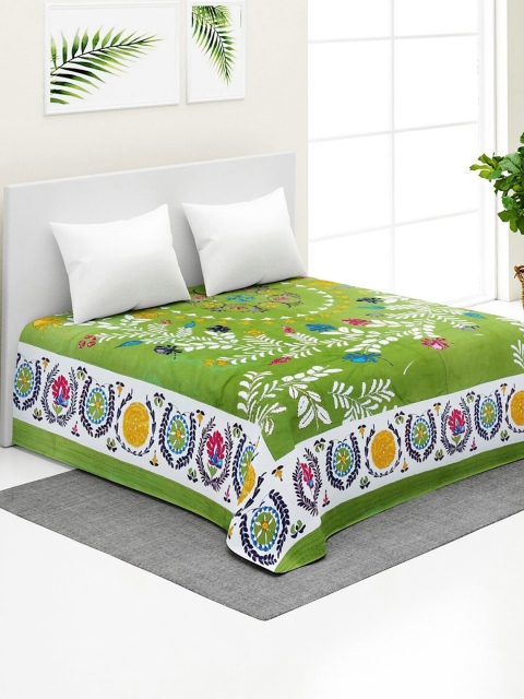 

Rajasthan Decor Green & White Hand Embroidered Pure Cotton Bed Cover