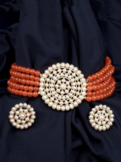 

Mirraw Gold-Plated Red & White Pearls Beaded Jewellery Set