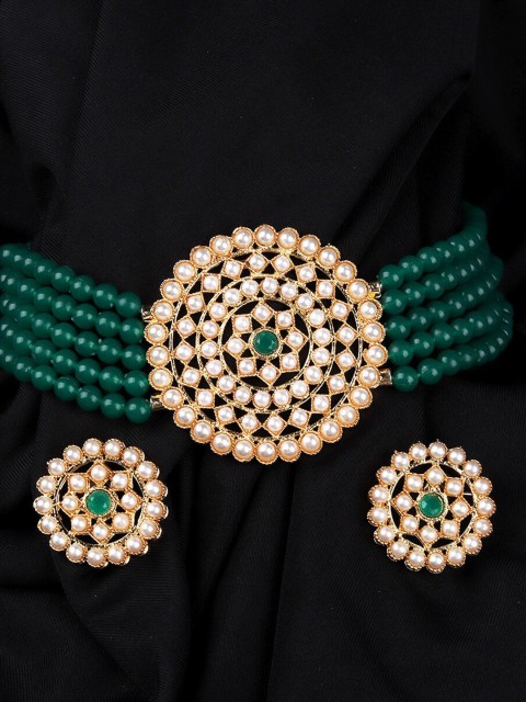 

Mirraw Gold-Plated Green & Cream Pearl Beaded Jewellery Set