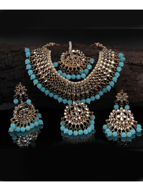 

Mirraw Gold-Plated White Kundan Studded & Blue Beaded Jewellery Set