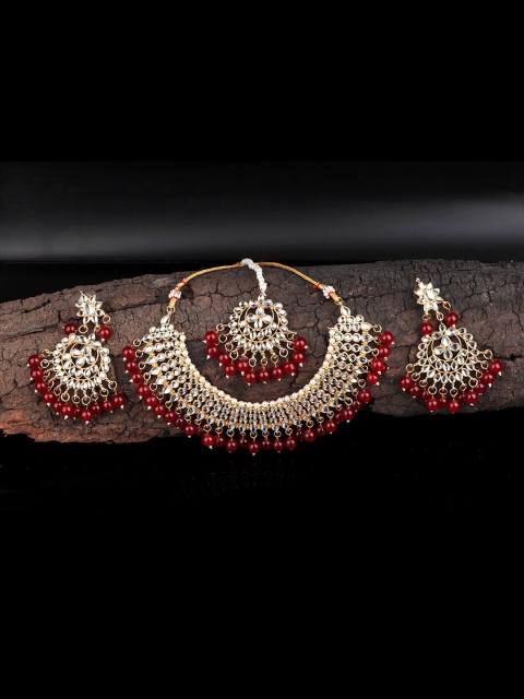 

Mirraw Gold-Plated Red & White Kundan-Studded & Beaded Jewellery Set