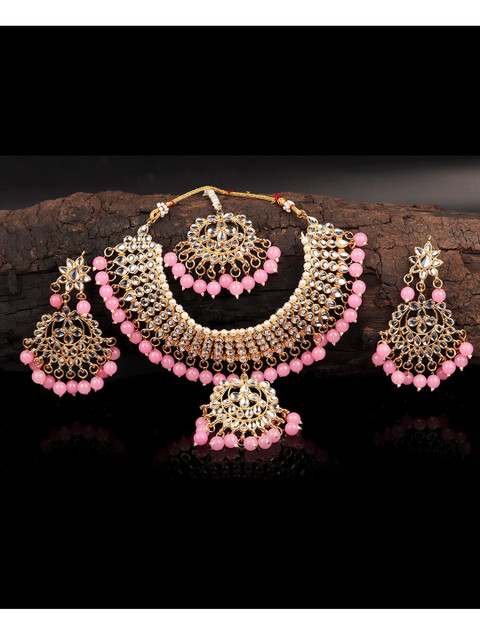 

Mirraw Gold-Plated White & Pink Kundan Studded & Beaded Jewellery Set