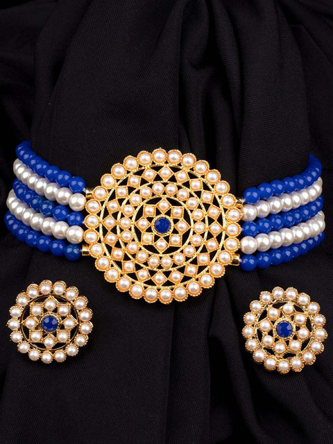 

Mirraw Gold-Plated Blue Stone-Studded Pearls Beaded Jewellery Set