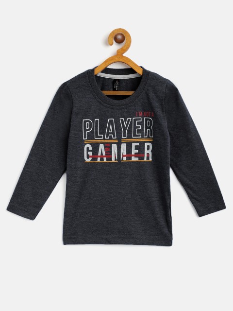 

GAME BEGINS Boys Charcoal Grey & White Typography Printed Cotton T-shirt