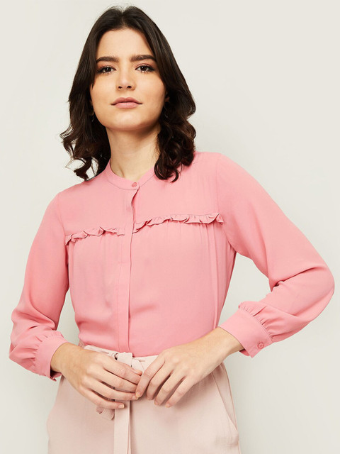 

Bossini Pink Mandarin Collar Ruffles Shirt Style Top