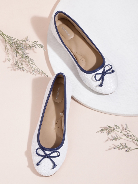 

Nautica Women White Basketweave Leather Ballerinas with Bow Detail
