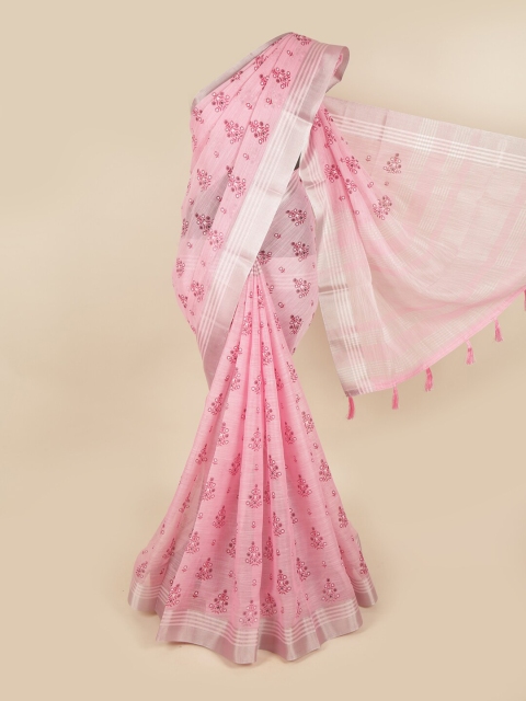 

Pothys Pink & White Floral Linen Blend Chettinad Saree
