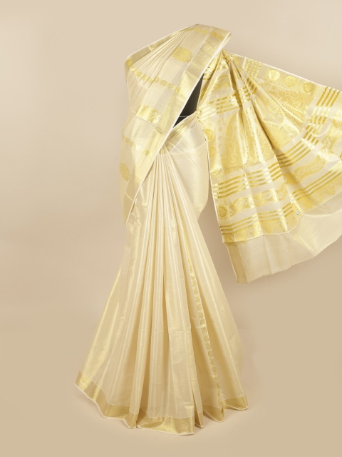 

Pothys Cream-Coloured & Gold-Toned Cotton Blend Chettinad Saree