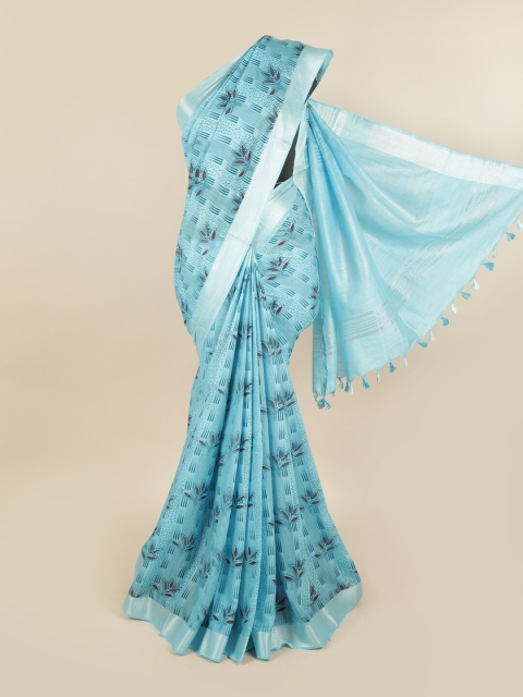 

Pothys Blue & Brown Floral Linen Blend Chettinad Saree