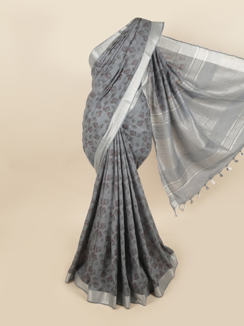 

Pothys Grey & Silver-Toned Floral Printed Linen Blend Chettinad Saree