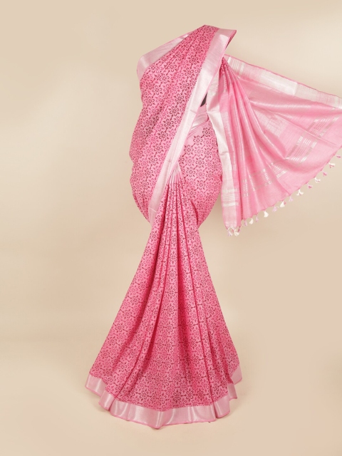 

Pothys Pink & Silver-Coloured Floral Linen Blend Chettinad Saree