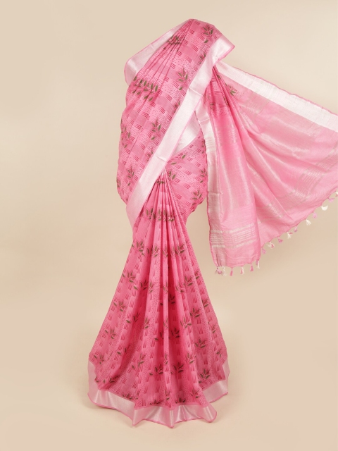 

Pothys Pink & Silver-Toned Floral Linen Blend Chettinad Saree