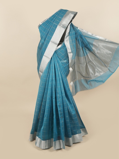

Pothys Blue & Silver-Toned Checked Silk Cotton Chettinad Saree