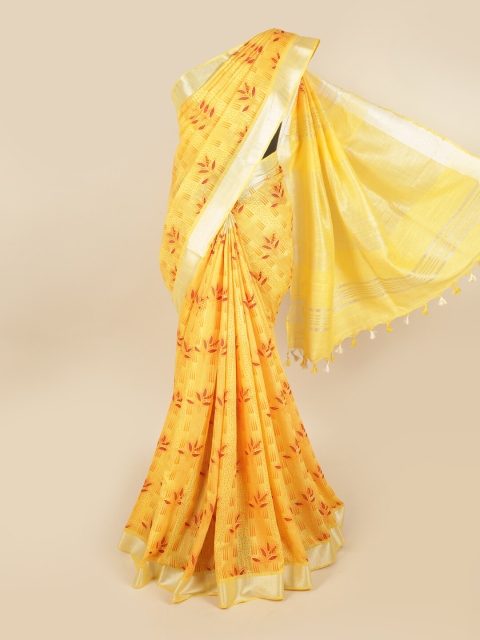 

Pothys Yellow & Red Floral Linen Blend Chettinad Saree