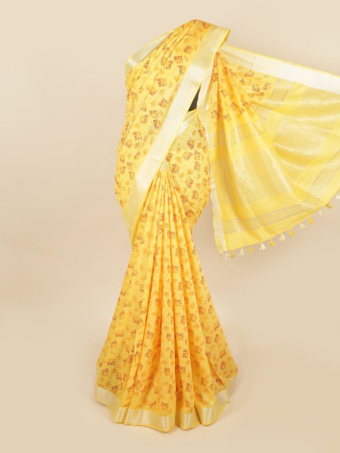 

Pothys Yellow & Silver-Toned Floral Linen Blend Saree