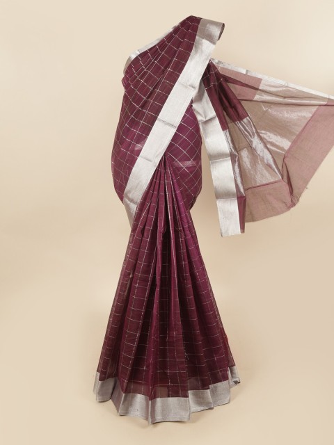 

Pothys Burgundy & Silver-Toned Checked Chettinad Silk Cotton Saree