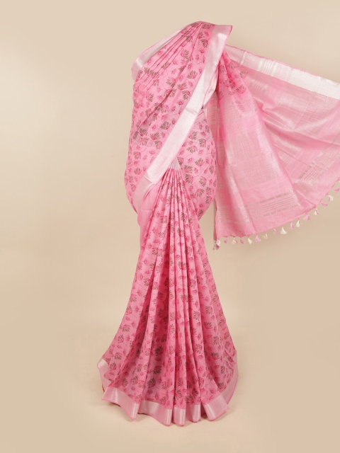 

Pothys Pink & Silver-Toned Floral Linen Blend Chettinad Saree