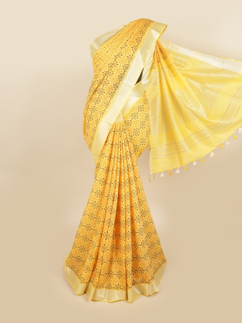 

Pothys Yellow & Silver-Toned Floral Printed Zari Chettinad Saree