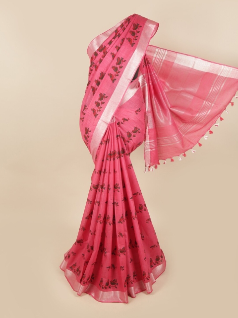 

Pothys Coral Red & Green Ethnic Motifs Linen Blend Chettinad Saree