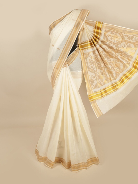 

Pothys Off White & Gold Ethnic Motifs Cotton Blend Chettinad Saree