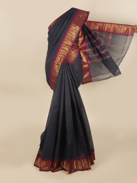 

Pothys Navy Blue & Maroon Checked Pure Cotton Chettinad Saree