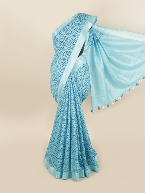 

Pothys Blue Floral Linen Blend Chettinad Saree