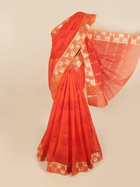 

Pothys Red & Silver-Toned Silk Cotton Chettinad Saree