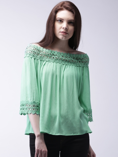 

Moda Rapido Women Green Lace Trim Off-Shoulder Top