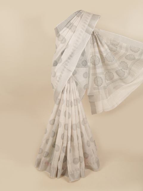 

Pothys Grey & Silver-Toned Floral Chettinad Linen Blend Saree