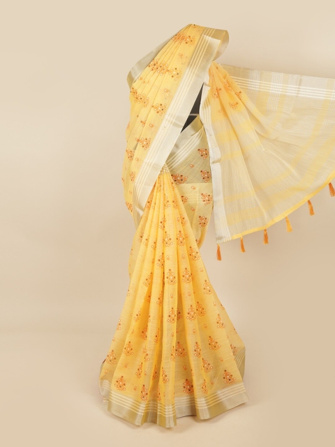 

Pothys Yellow & Silver-Toned Linen Blend Chettinad Saree