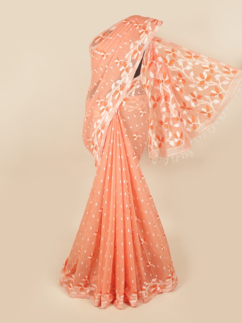 

Pothys Peach-Coloured & White Floral Pure Cotton Chettinad Saree