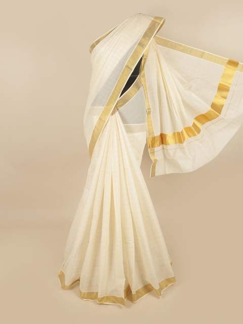 

Pothys Off White & Gold-Toned Checked Zari Chettinad Saree