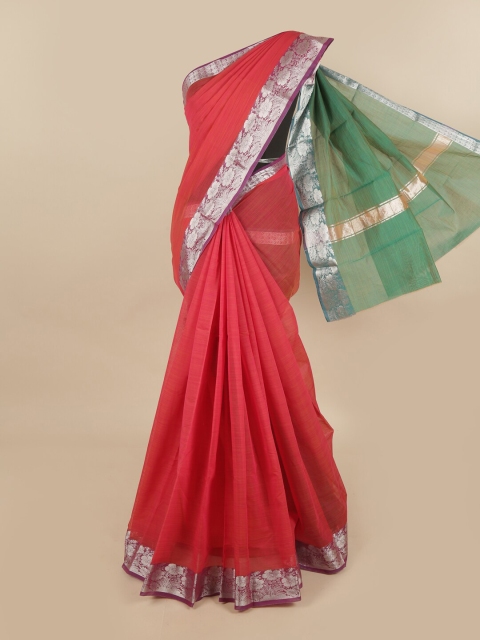 

Pothys Coral Pink & Silver-Toned Silk Cotton Chettinad Saree