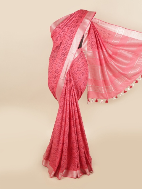 

Pothys Coral & Silver-Toned Floral Linen Blend Chettinad Saree