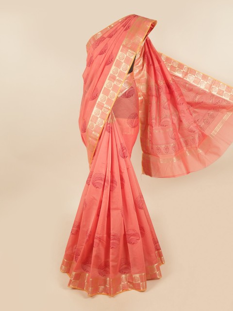 

Pothys Peach-Coloured & Gold-Toned Ethnic Motifs Silk Cotton Chettinad Saree