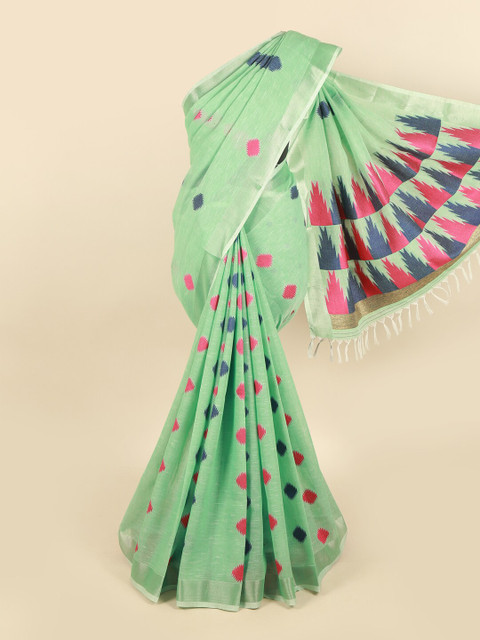 

Pothys Green & Pink Ethnic Motifs Linen Blend Chettinad Saree