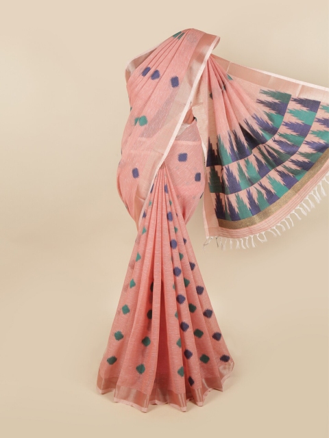 

Pothys Peach-Coloured & Blue Ethnic Motifs Linen Blend Chettinad Saree