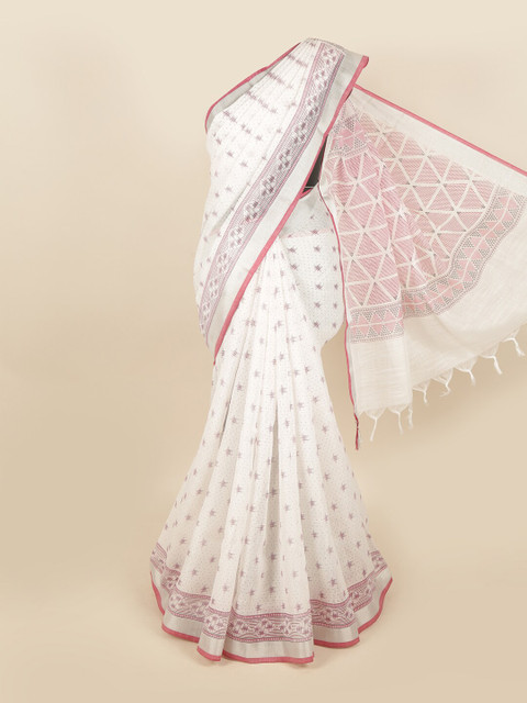 

Pothys White & Red Linen Blend Chettinad Saree