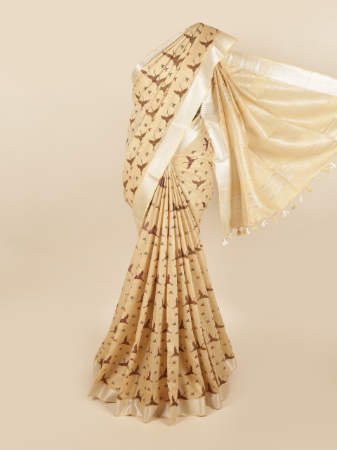 

Pothys Cream-Coloured & Red Ethnic Motifs Linen Blend Chettinad Saree