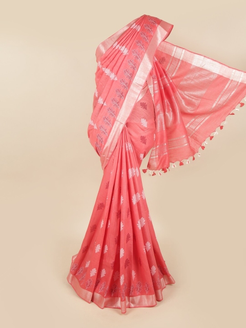 

Pothys Coral Pink & Silver-Toned Woven Design Linen Blend Chettinad Saree