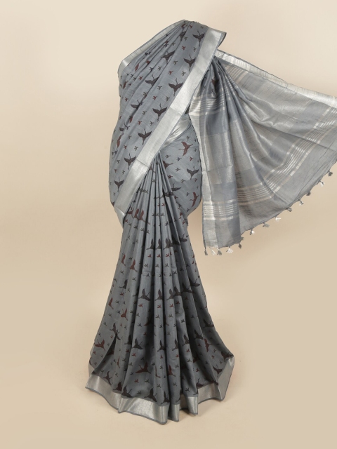 

Pothys Grey & Silver-Toned Ethnic Motifs Linen Blend Chettinad Saree