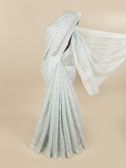 

Pothys Blue & Silver-Toned Floral Cotton Blend Saree