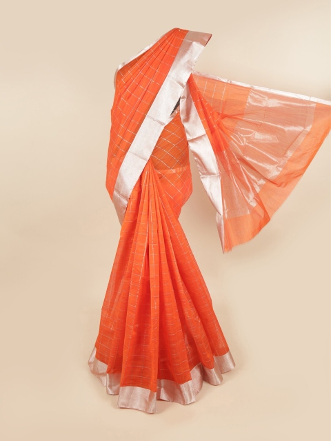 

Pothys Orange & Silver-Toned Checked Silk Cotton Chettinad Saree