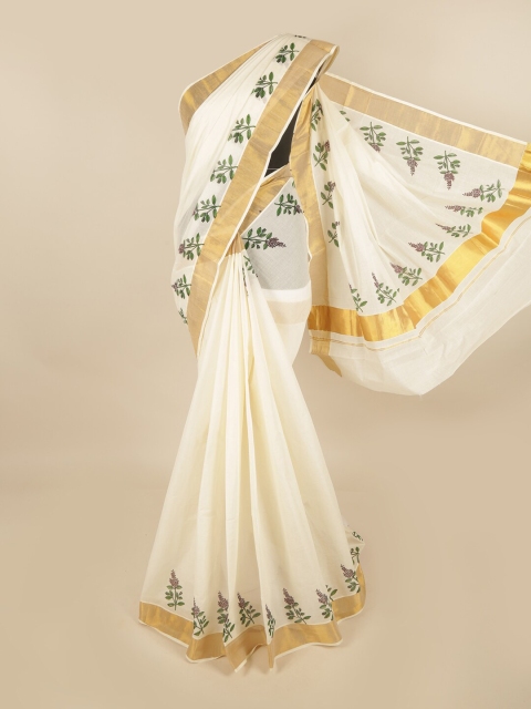 

Pothys Off White & Green Floral Chettinad Saree