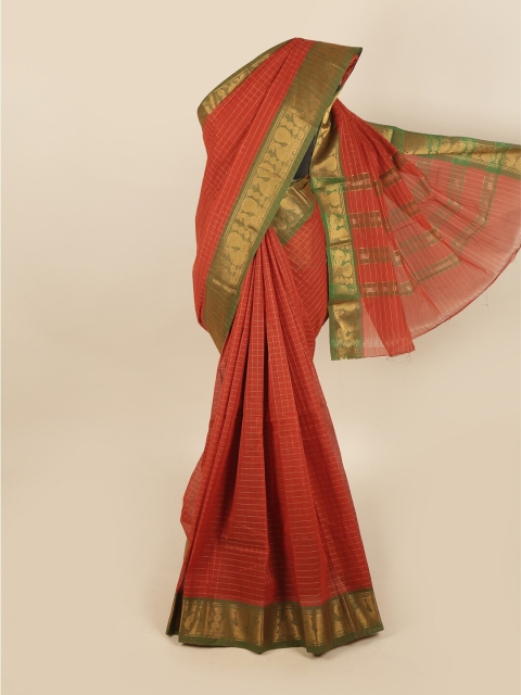 

Pothys Rust & Gold-Toned Checked Pure Cotton Chettinad Saree