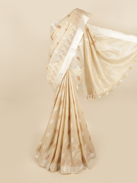 

Pothys Cream-Coloured Floral Linen Blend Chettinad Saree