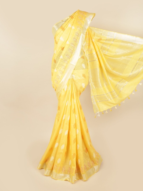 

Pothys Yellow & Silver-Toned Floral Linen Blend Chettinad Saree